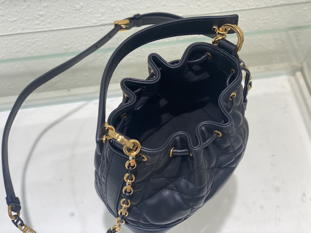 Small Dior Jolie Bucket Bag Black Macrocannage Lambskin and Calfskin